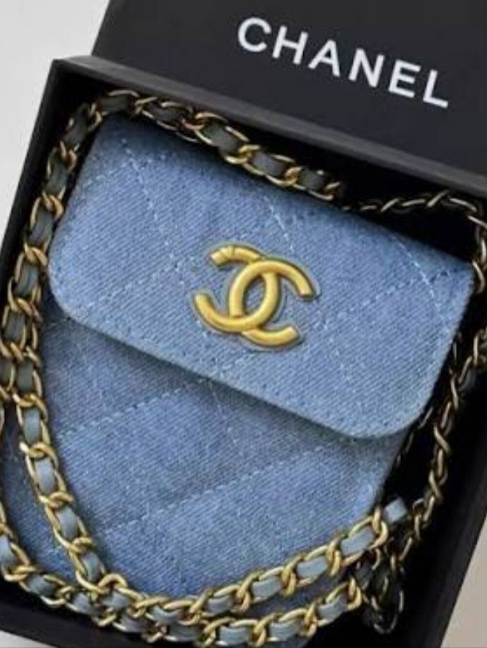 CC Denim  Quilted  Mini Crossbody Bag with Gold Chain - Picture 2 of 9